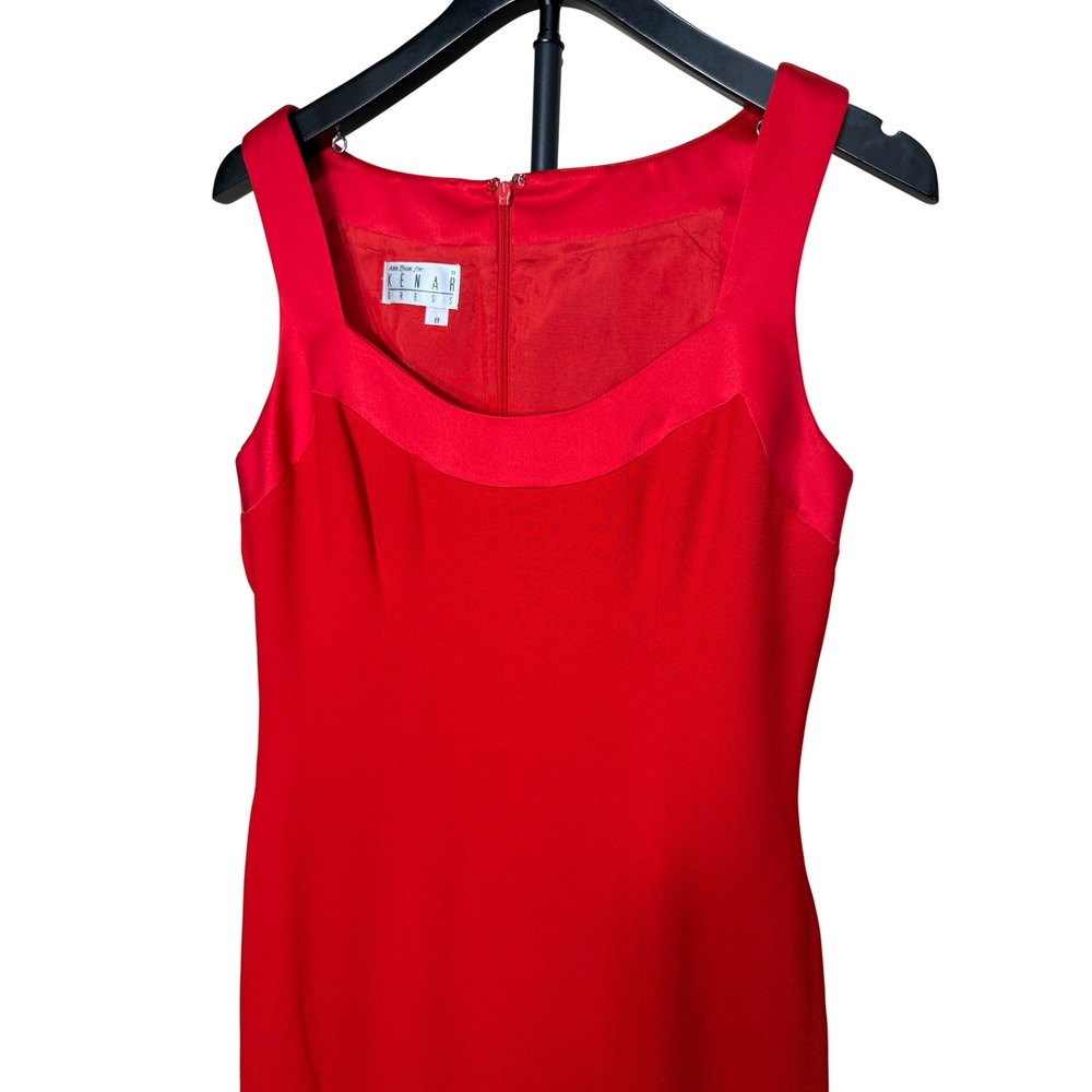 Ann‎ Tjian for Kenar Dress Red Sheath Square Neck Satin Trim Sleeveless Size 8 - Picture 2 of 5